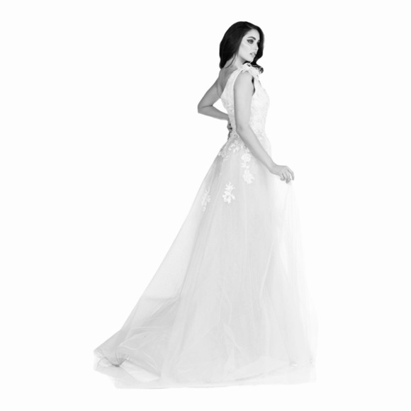 Abby Paris Longs by Lucci Lu Lace Gown with Tulle Overskirt in Ivory/White NWT - Picture 8 of 12
